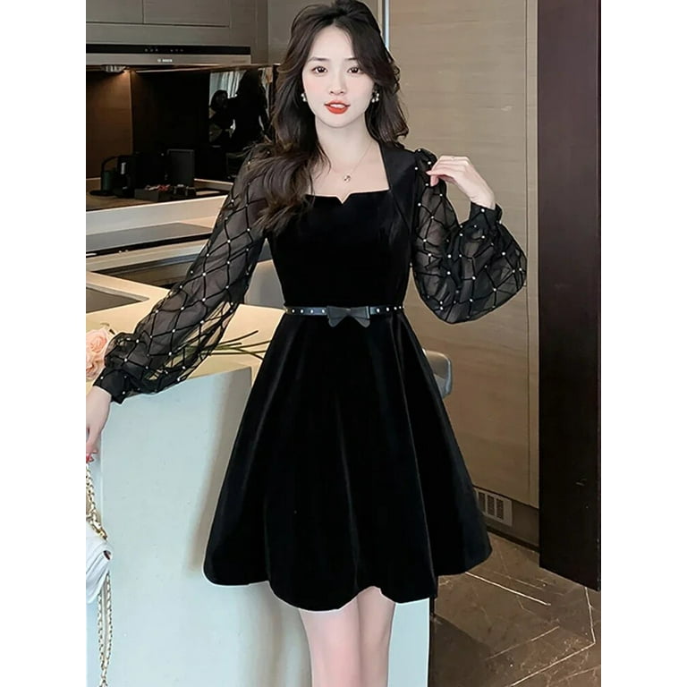 Autumn Winter Black Velvet Patchwrok Mesh Mini Dress Women