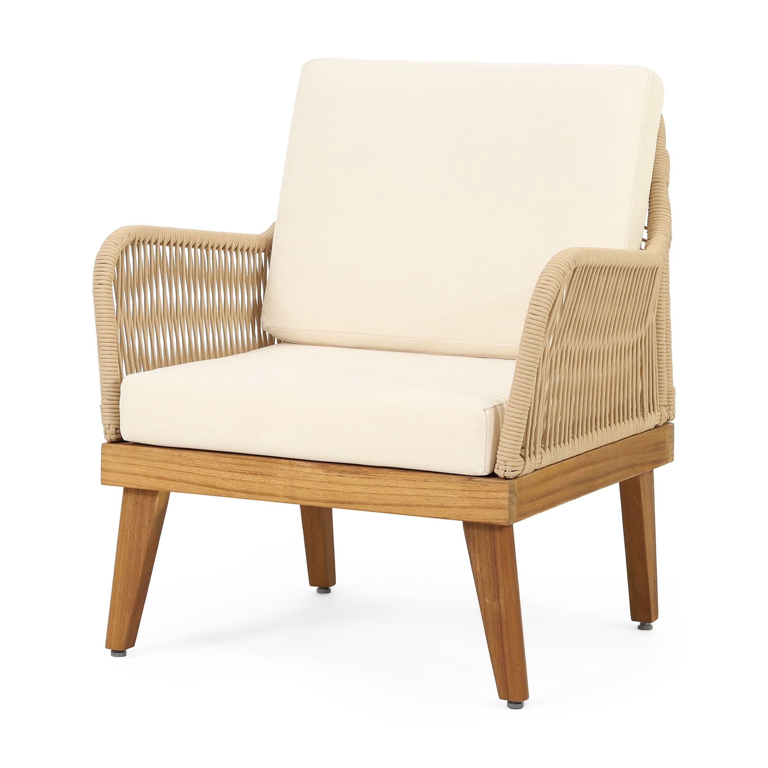 Outdoor Single Leisure Chair, Acacia Wood and Rope Weave Integrated Design for Patio Garden, Teak and Beige