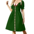 thumbnail image 2 of Vestido de fiesta de manga corta con cuello falso y botones, color rojo, verde oscuro y blanco, para mujer., 2 of 7