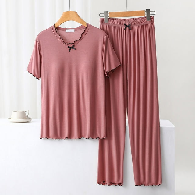 Prix Réduit, Blouse Femme Unie Décontractée Mode Col Rond Manches Courtes Ensembles de Vêtements de Nuit, Coton Doux, Confortable Vêtements de Maison, Vêtements de Nuit, Ensemble de Vêtements de Nuit Habiller Ou Bas,Sopatenor