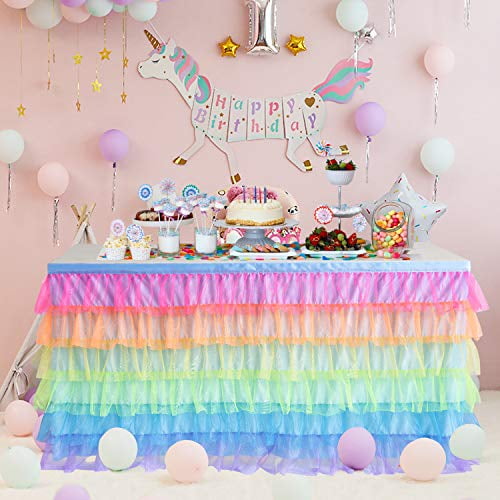 * H 30in Rainbow, L 6 KIXIGO Rainbow Curly Willow Tutu Table Skirt Ruffle Tablecloth for Baby Shower Unicorn Party Decorations ft