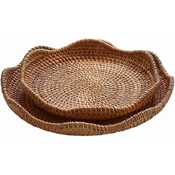 Hand-Woven Rattan Fruit Tray Storage Bread Basket Serving Tray Home Decoration Food Serving Platter 2 Pieces