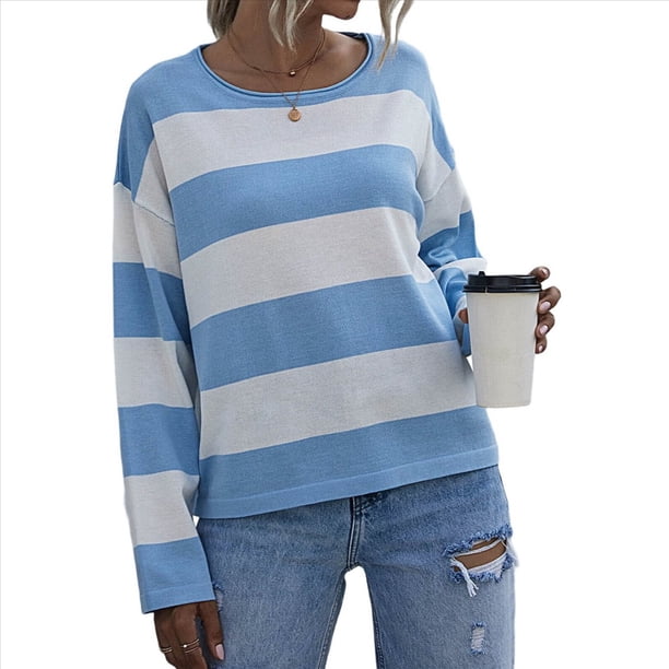 Camisas de Larga para Mujer, Blusas Casuales Holgadas A Rayas, Suéteres de Punto Azul XL