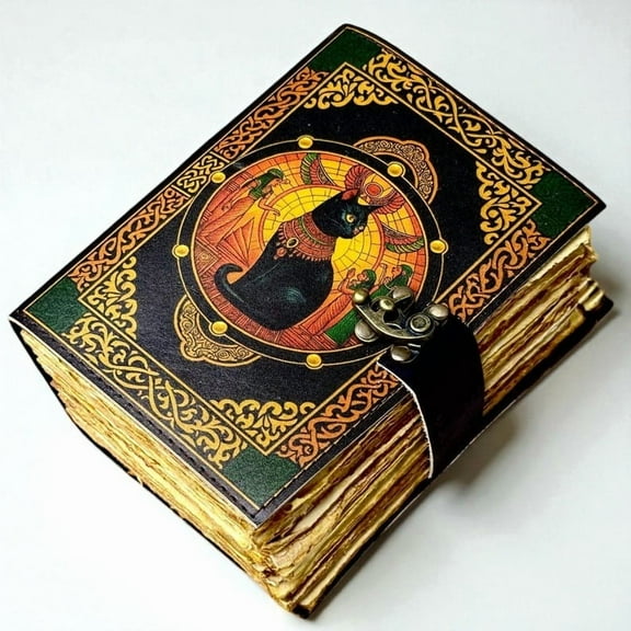 Handmade Leather Journal with Egyptian Cat Artwork – 5x7 Inch Vintage Notebook, 200 Pages of Handmade Paper, Antique Latch – Writing, Sketching & Gift Diary