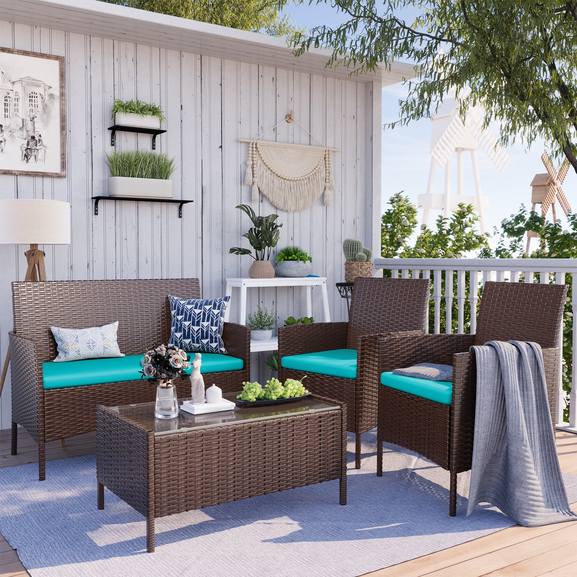 MRUAKA Patio Furniture Set 4 Pieces Porch Furniture Outdoor Modular Wicker Patio Sectional Conversation Furniture Set for Backyard,Porch,Garden,Poolside and Balcony(Turquoise)