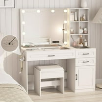 Fameill Vanity Desk with Mirror and Lights,Large Makeup Vanity with Glass top and Lots Storage,3 Drawer Vanity Set with Charging Station,3 Lighting Modes,White