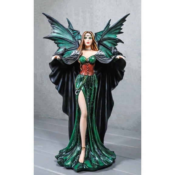 Large Gothic Dragon Fairy Queen In Long Green Robe With Ravens Statue 17"H