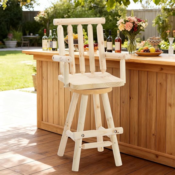 EPICOZY Solid Wood Adirondack Swivel Bar Chair, Rustic Outdoor Log Bar Stool with Slat Back, 500 LBS Capacity, 29.8" Patio Counter Height Chair for Porch, Deck, Pub, Cabin, Natural