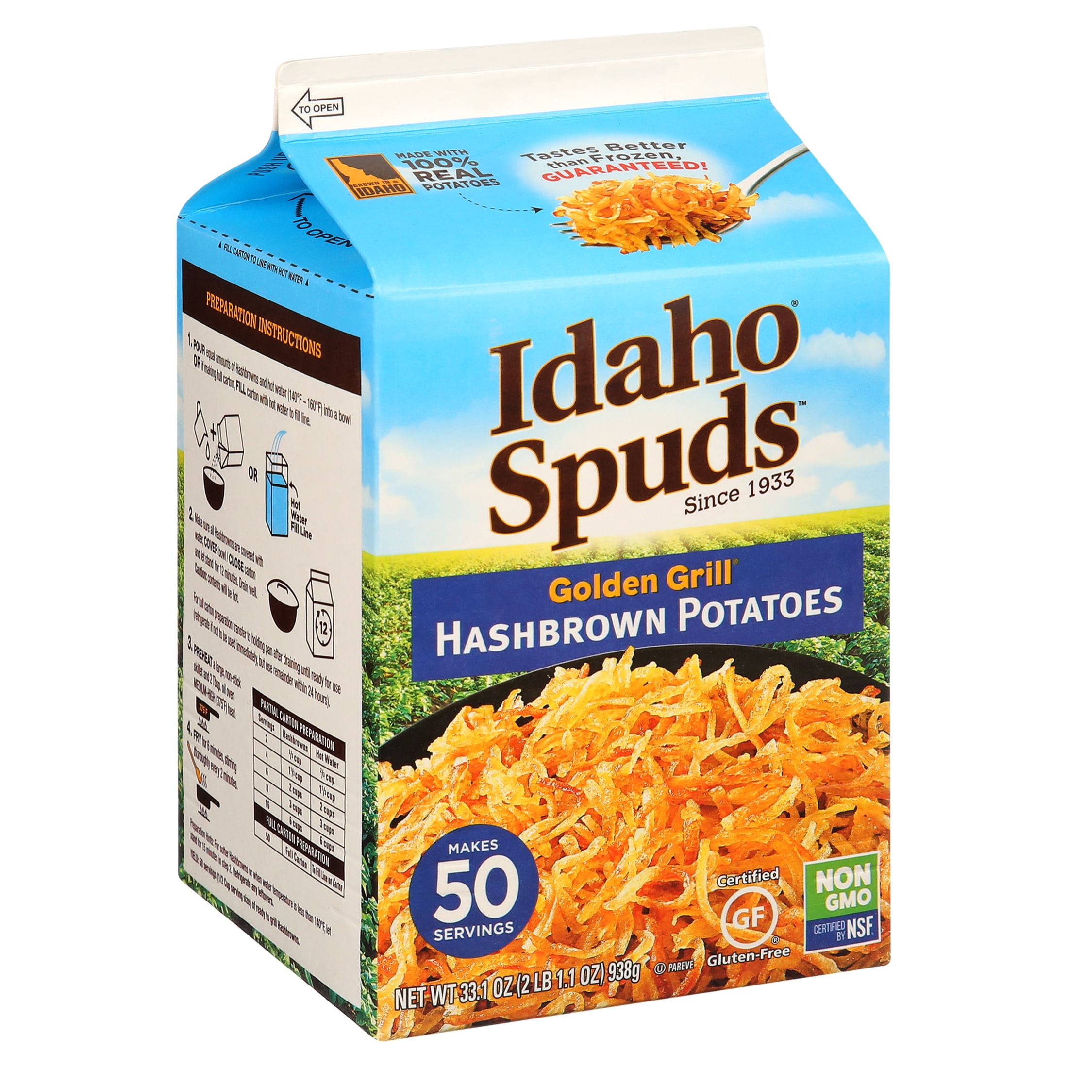 Idaho Spuds Premium Hashbrown Potatoes, 1 Gallon carton, 50 Servings, Gluten Free & Kosher