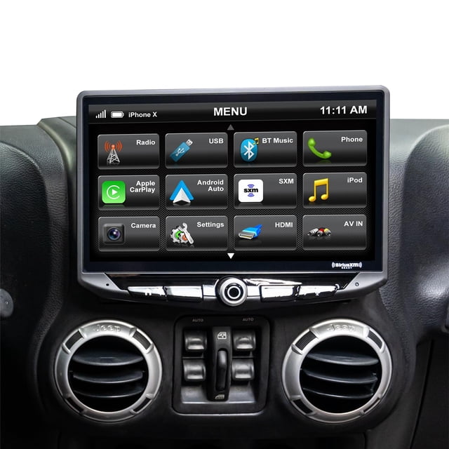 estéreo para auto stinger heigh10 con pantalla táctil de 10" y android auto pantalla flotante frontal de 10,1" en vista centrada, muestra menú con iconos de Android Auto, Apple CarPlay, Bluetooth y HDMI; carátula táctil capacitiva con controles físicos inferiores visibles; indicado para instalación plug-and-play en Jeep Wrangler JK (2007-2018) y ajuste de audio con ecualizador gráfico de 15 bandas, también frecuentemente usado para integrar cámaras de reversa y sistemas de video auxiliares.