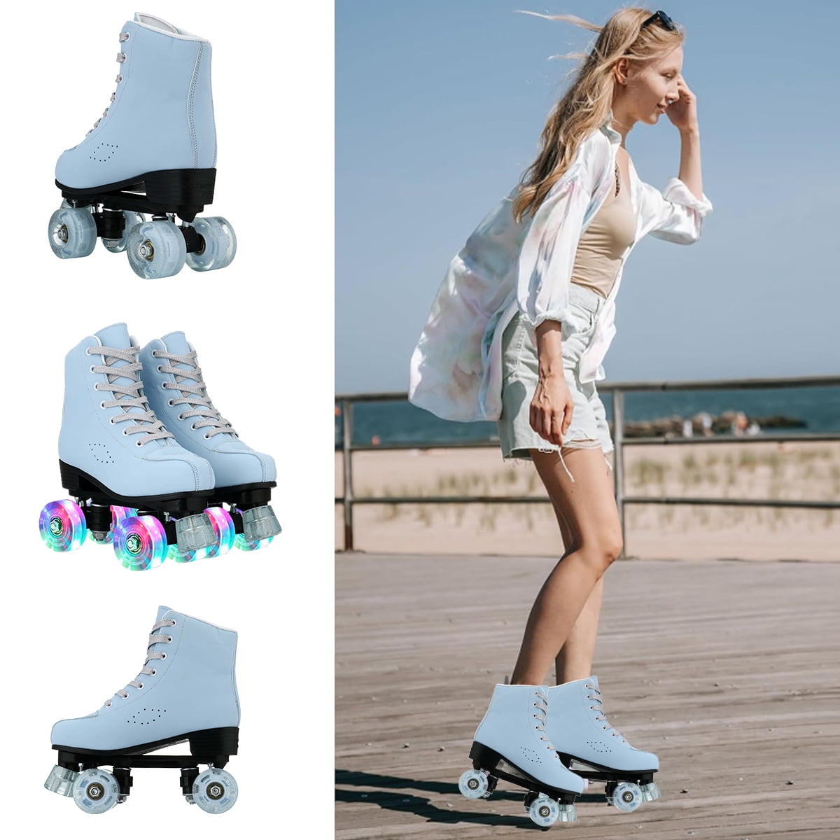 EONROACOO Blue Roller Skates for Women Girls Light up 4 Wheels Skates,Adult(Women 8/Men 6.5)