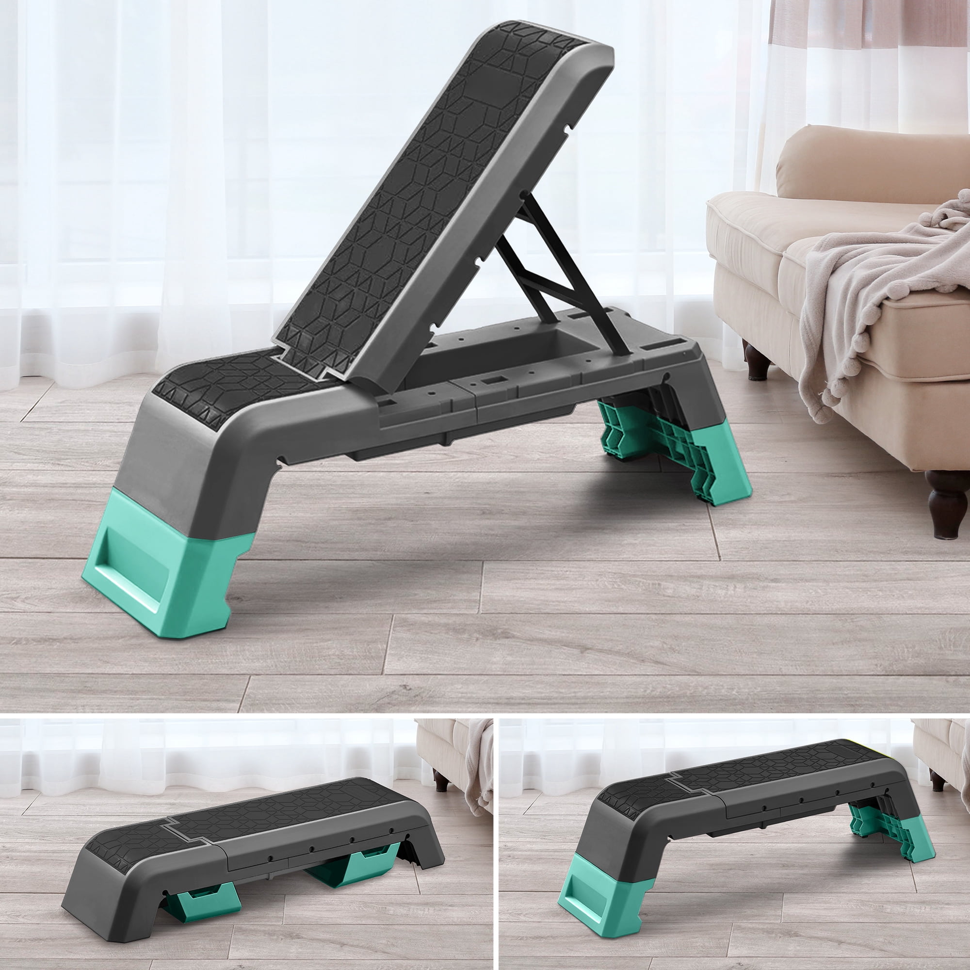 leikefitness Exercise Step Platform, Multifunctional Aerobic Deck with Cord and Adjustable Dumbbell & Weight Bench, Fitness Equipment for Workout Home Gym