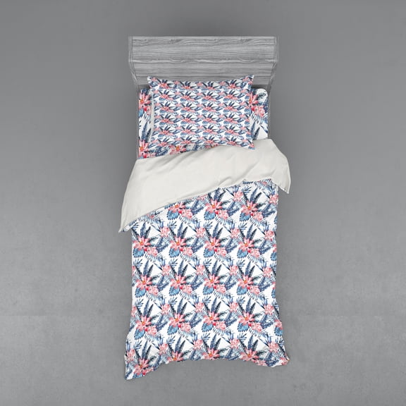 Ambesonne Tropical Bedding Set 3 Pcs, Banana Palm Lilies, Twin, Coral Orange and Blue