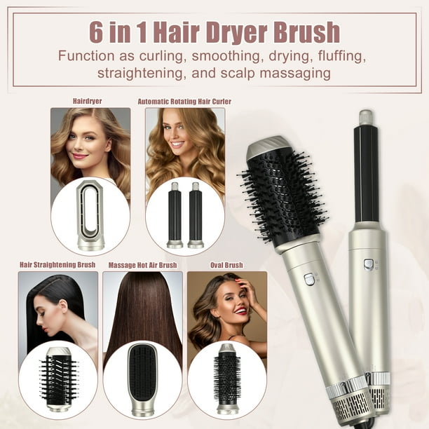 Unique Bargains Hot Air Brush 6 In 1 Hair Dryer Brush Blow Dryer Brush Detachable Hair Dryer Styler Set Champagne Other