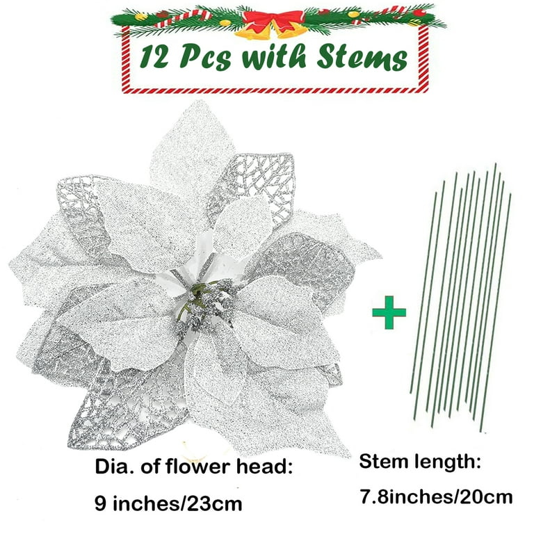 YHDSN Glitter Artificial Silver Poinsettia Flower Picks 9 Heads for  Christmas Trees Wreath Garland Floral Winter Wedding Holiday Ornaments with  Stems
