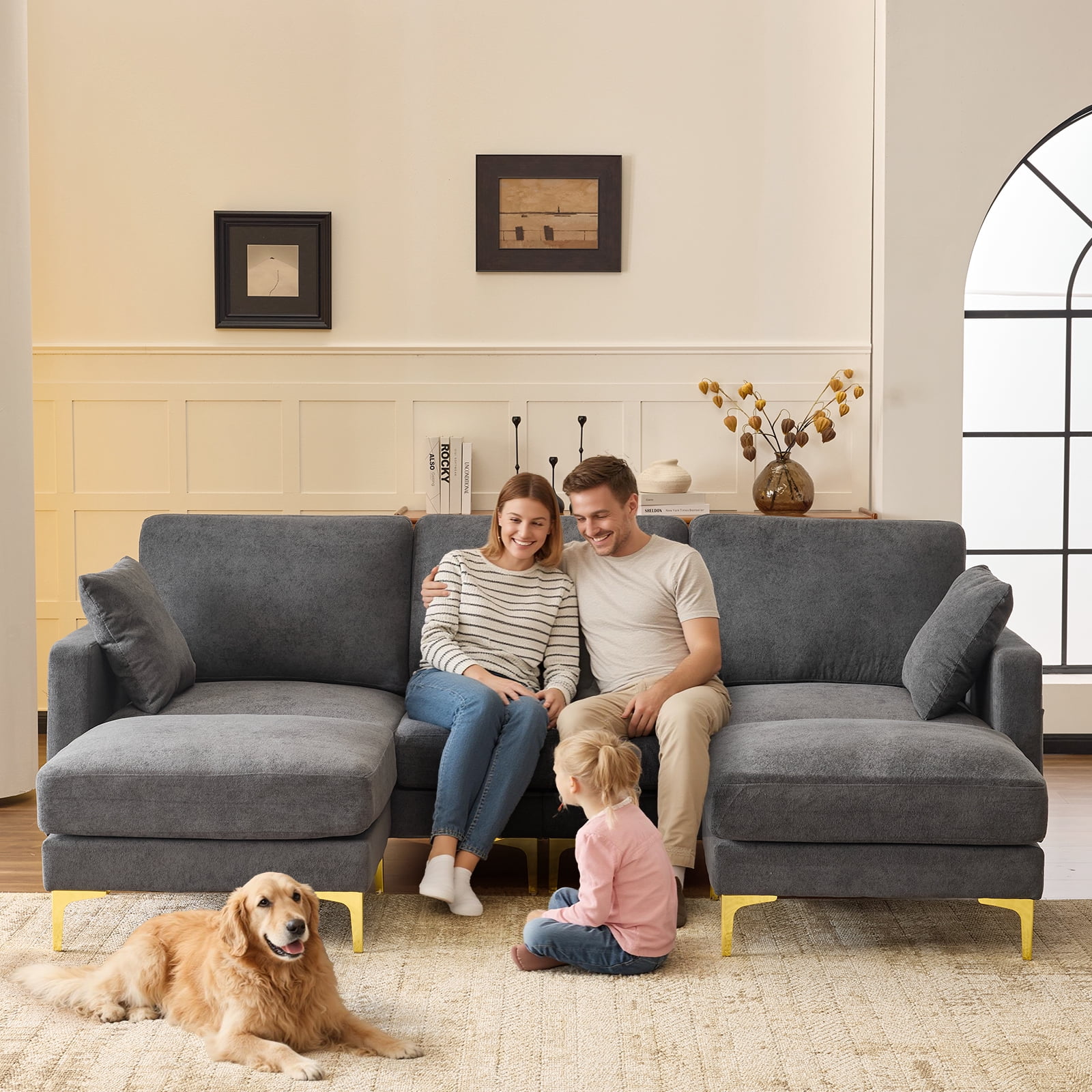 Ktaxon U-Shaped Sofa with 2 Removeable Ottoman Footrests, Flannel Deep Seating Couch for 3, Converts to Sleeper for Bedroom Living Room Furniture Dark Gray