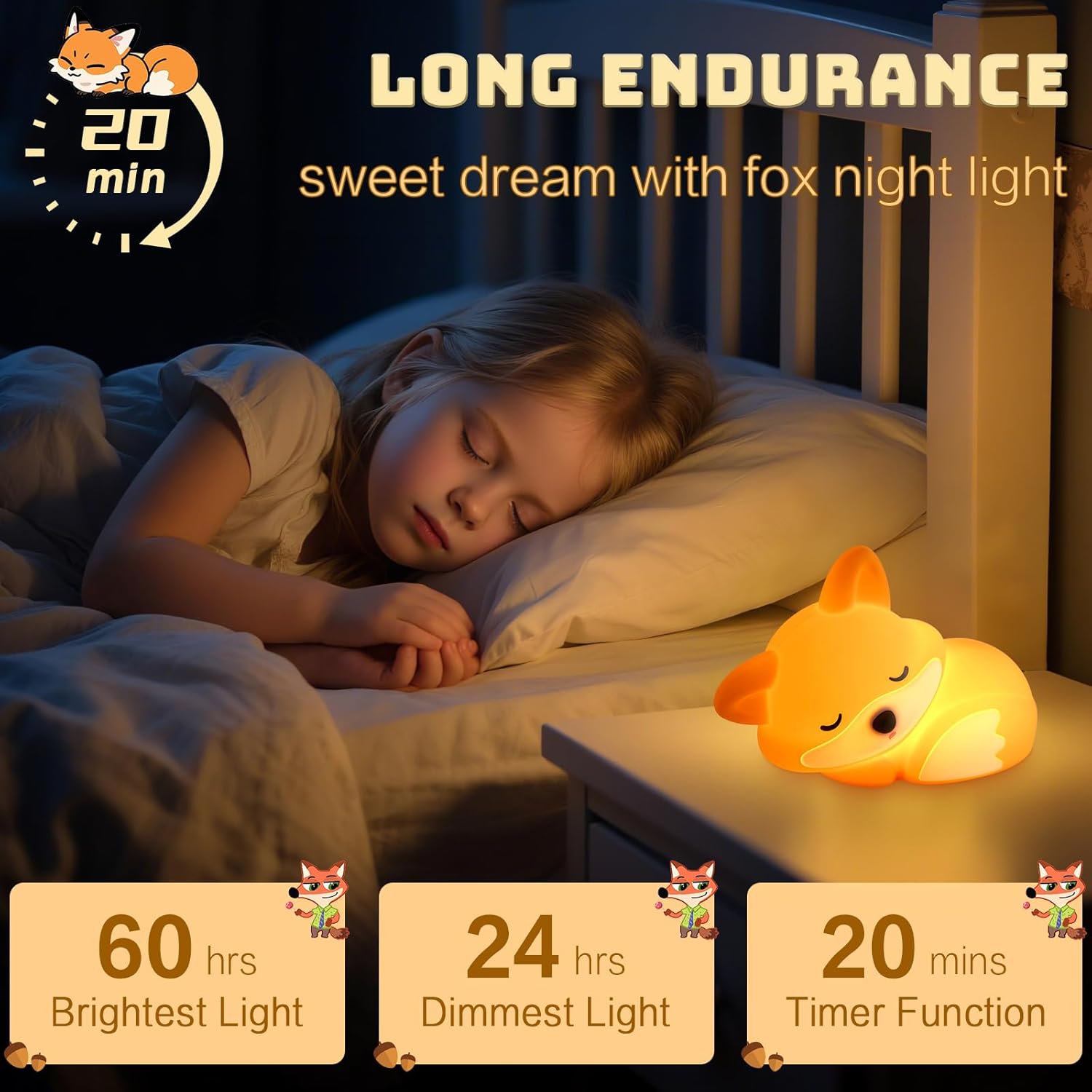 BIBEARBIBEAR Cute Fox Lamp, Fox Night Light for Kids, Squishy Rechargeable Dimmable Toy, Baby Nursrery Nightlight, Woodland Animal Décor, Xmas White Elephant Gifts, Touch Light Up Foxes