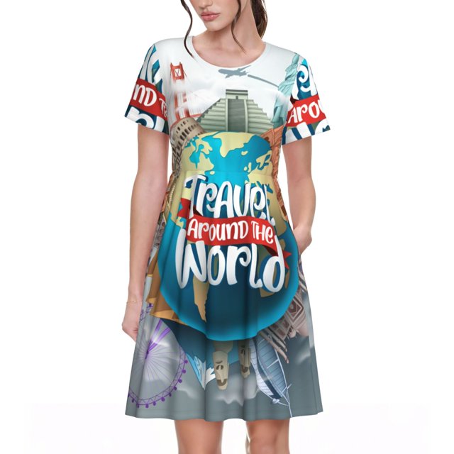 Disketp Travel Around The World para Vestido de Manga Corta para Mujeres, Vestidos de Verano para Mujeres, Casual y Holgado para la Playa