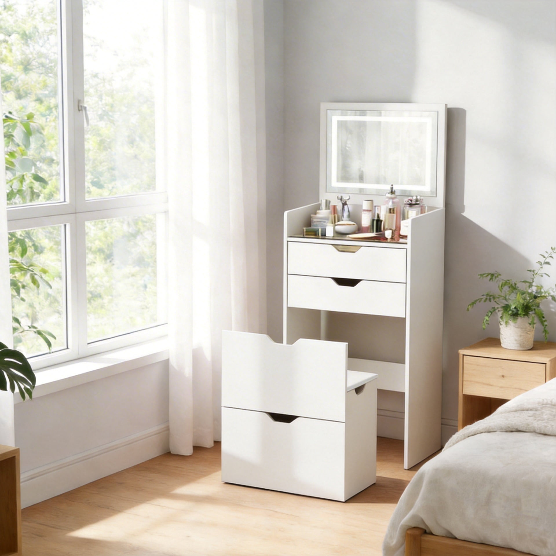3-in-1 Vanity Desk with Lights & Flip Mirror, Small Makeup Vanity Set with Hidden Stool and Storage Drawers, Space-Saving Dressing Table for Bedroom, White