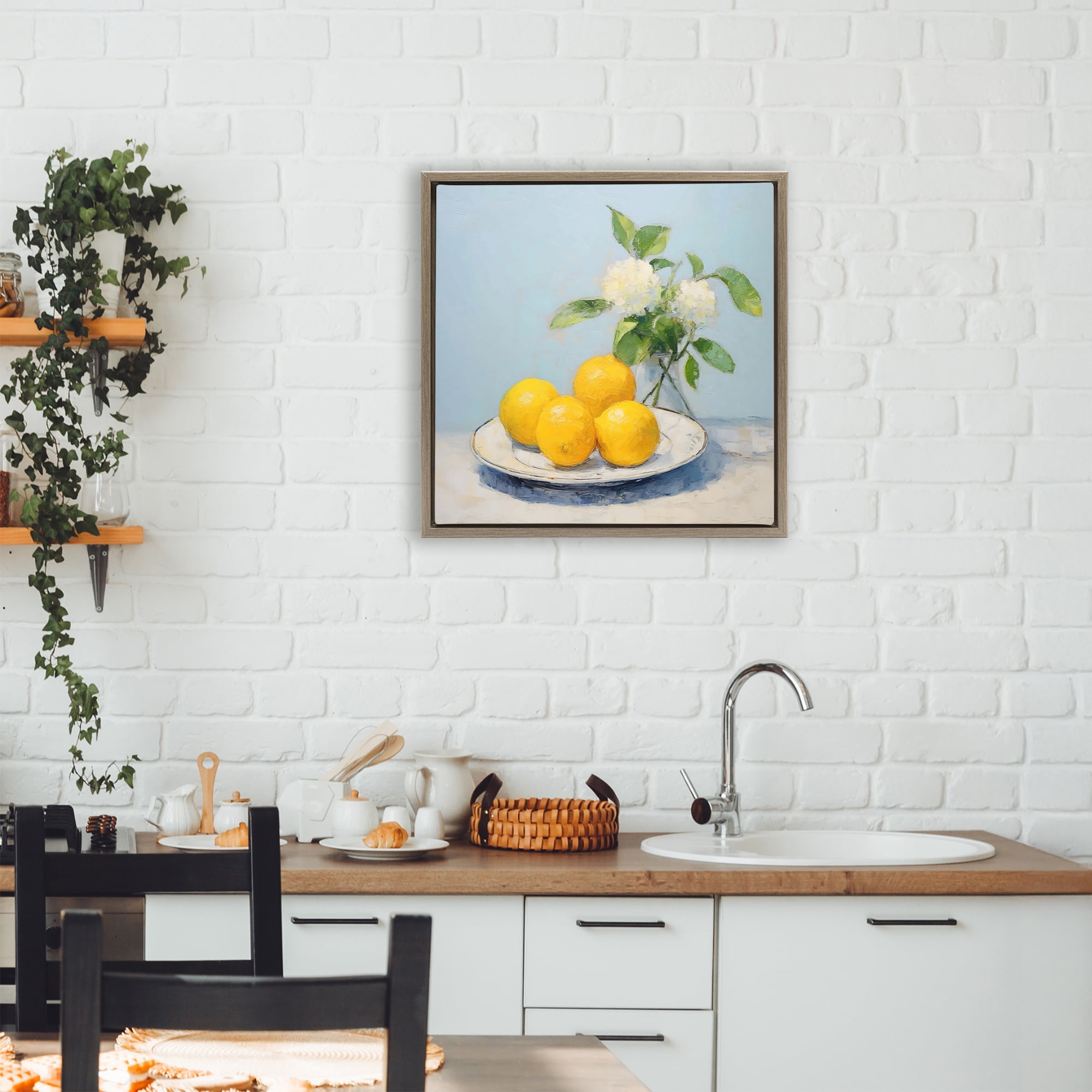 Stupell Industries Vase of Flowers and Lemons Brown Framed Floater Canvas Wall Art, design by Creative Studio