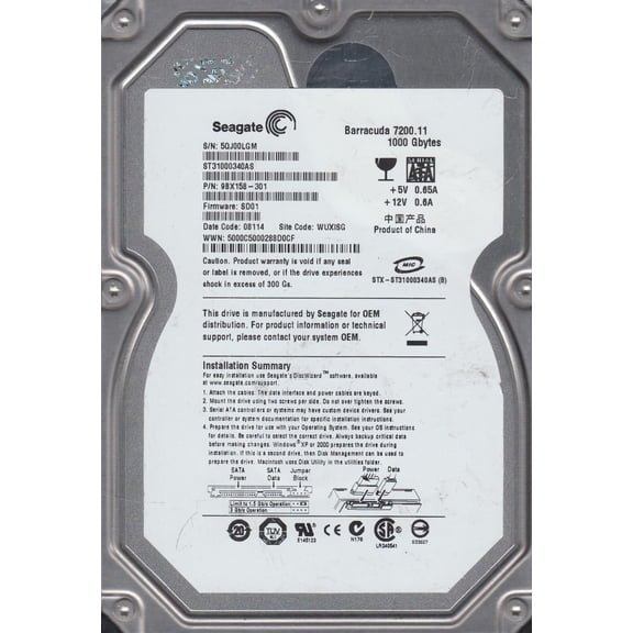 ST31000340AS, 5QJ, WUXISG, PN 9BX158-301, FW SD01, Seagate 1TB SATA 3.5 Hard Drive