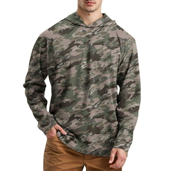 Men's Hooded Camo Sun Shirts Fishing Shirts for Men Long Sleeve Rash Guards Cooling Hoodies Hiking Shirts Camouflage S