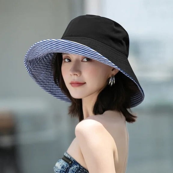 SikaFu Double-Sided Solid Color Stripe Women Bucket Hats Summer Anti-UV Sun Visor Wide Brim Sun Hats Outdoor Beach Travel Panama Cap