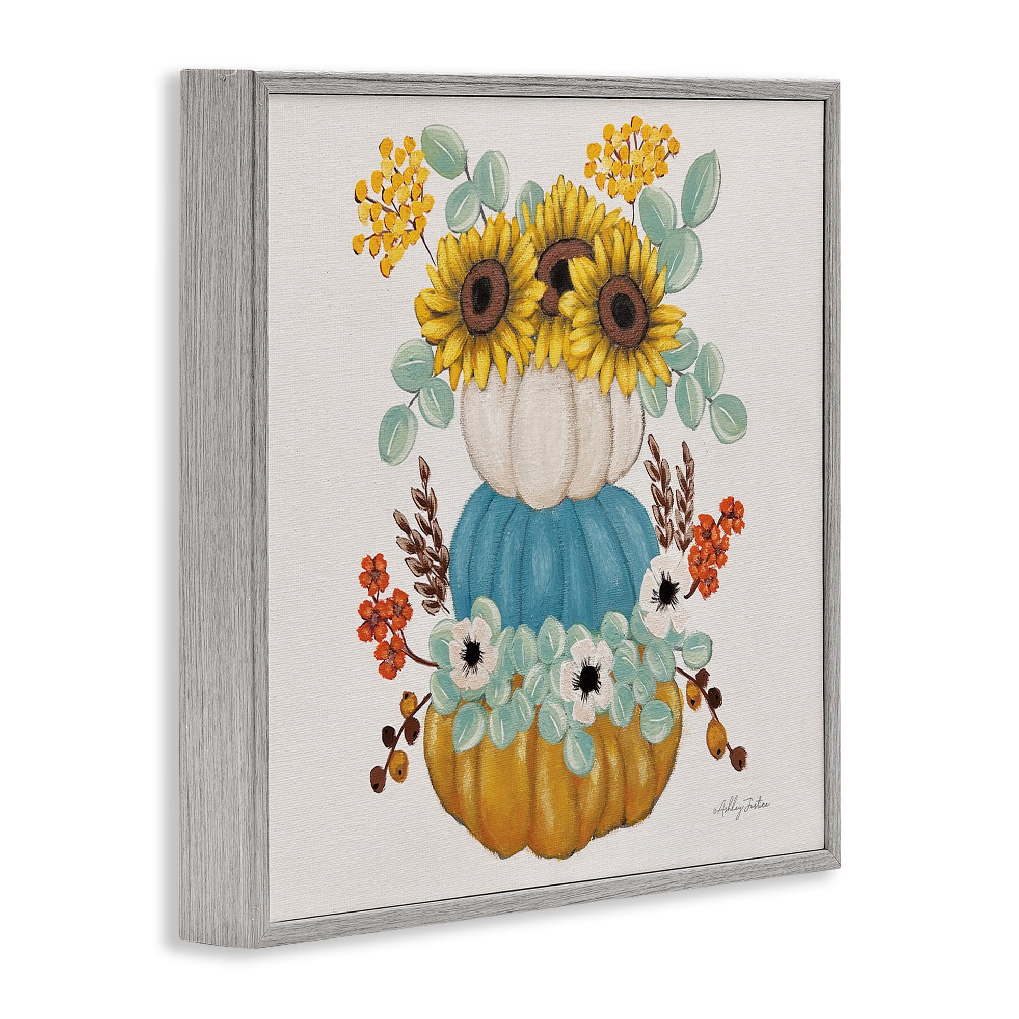 Stupell Industries Seasonal Flower & Pumpkins Botanical & Floral Painting Gray Framed Art Print Wall Art, 17 x 17