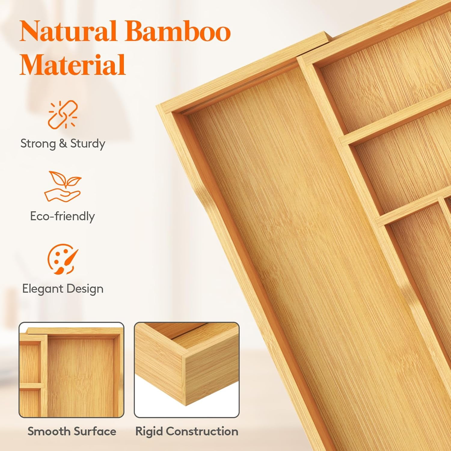 ACCL Expandable Bamboo Silverware Organizer, Adjustable Drawer Organizer 13.2"–20.5", Non-Slip Locking Clips, 9-Compartment Kitchen Utensil Tray