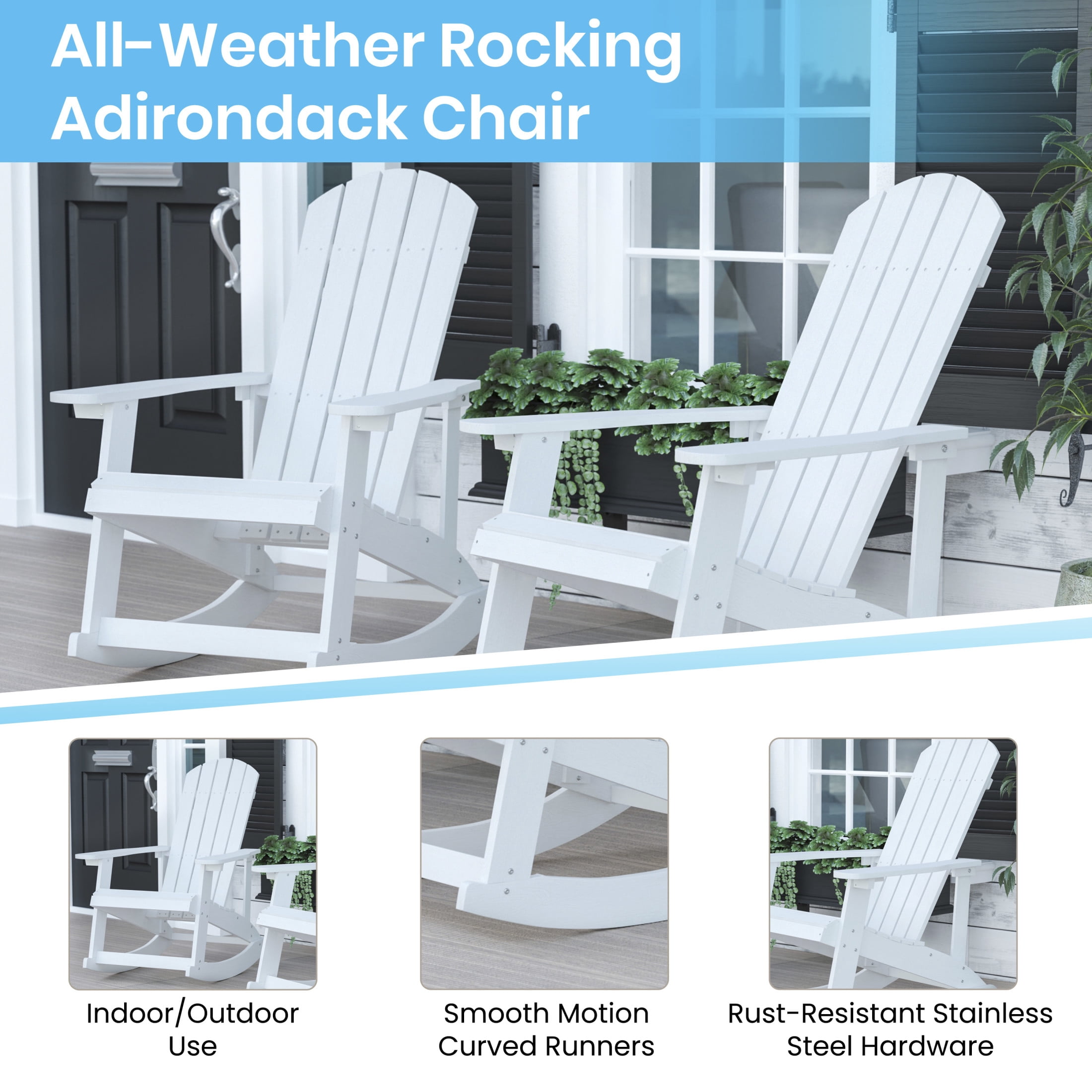 Emma + Oliver Classic All-Weather Poly Resin Rocking Adirondack Chair in White with Stainless Steel Hardware for Year Round Use