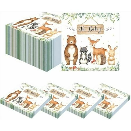 50PCS Woodland Animals Baby Shower Paper Napkins, Oh Baby Jungle Animals Paper Napkins - 6.5x6.5 Inch Adorable Forest Friends Design Baby Shower Party Supplies For Boys Girls Birthday Party