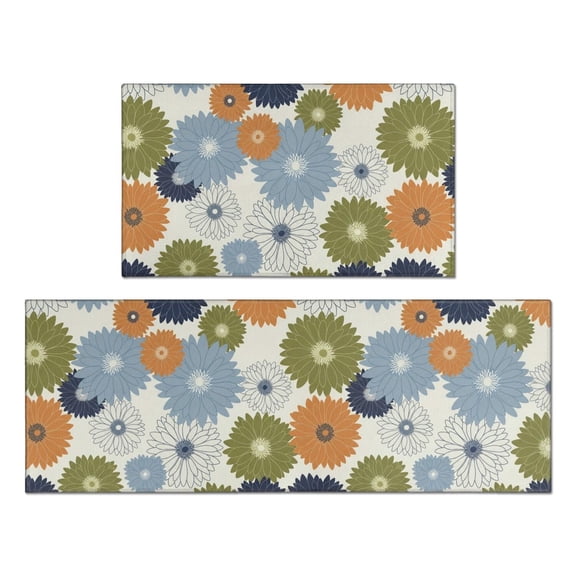 Geometric Flower and Dahlia Beige Anti Fatigue Kitchen Rugs Set Of 2, Non Slip Washable Decorative Floor Mats for Kitchen Sink Laundry, 17"x30" and 17"x47"