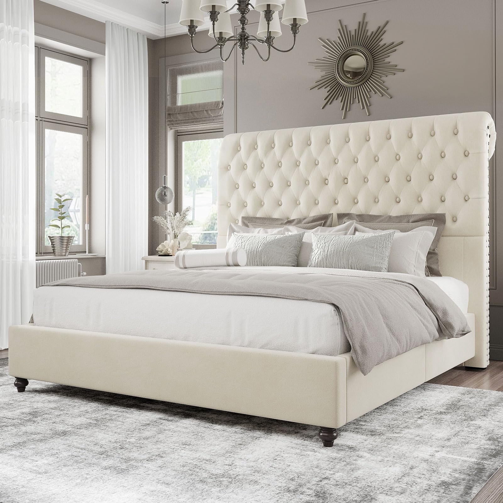 Merluxy Queen Bed Frame with Upholstered Tufted Sleigh Headboard, Velvet Cream