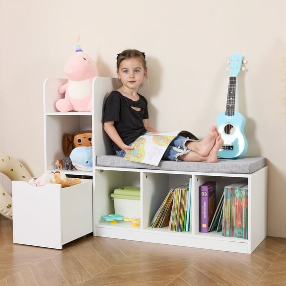 Kids Bookshelf with Reading Nook,Toddler Bookshelf,White bookcase,Toy Storage organizer with Seat Cushion,Kids Storage Bench,Living Room, Nursery,Entryway