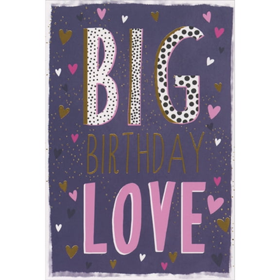Pictura Big Birthday Love: Hearts and Gold Dots on Dark Purple Birthday Card