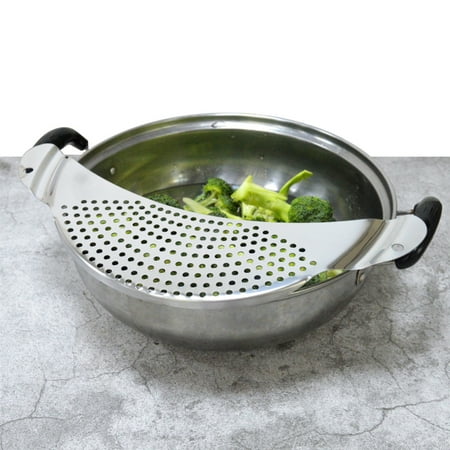 

Pot Strainer with Handle Crescent Shape Pan Sieve Stainless Steel Draining Aid for Food Noodles Dumplings