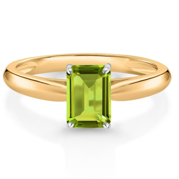 Gem Stone King 1.00 Ct Emerald Cut Green Peridot 10K Yellow and White Gold Solitaire Engagement Ring (Size 5)