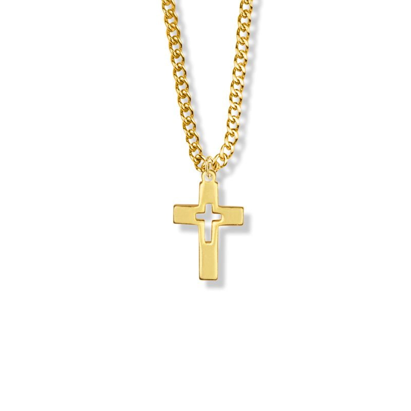 Extel Medium Brass Gold Plated Boy First Communion Pierced Cross Pendant with 18' chain