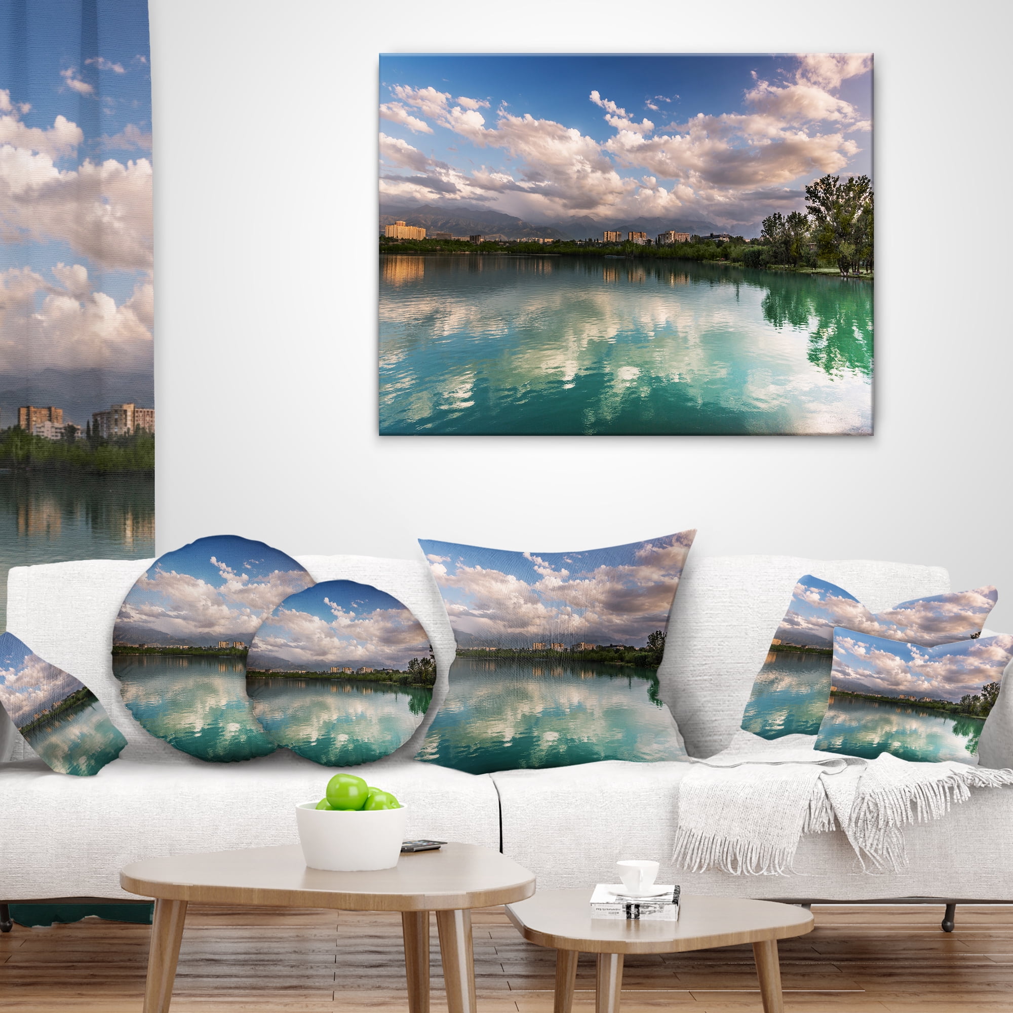 Designart City Lake with Cloud Reflection - Cityscape Photo Throw Pillow - 16x16