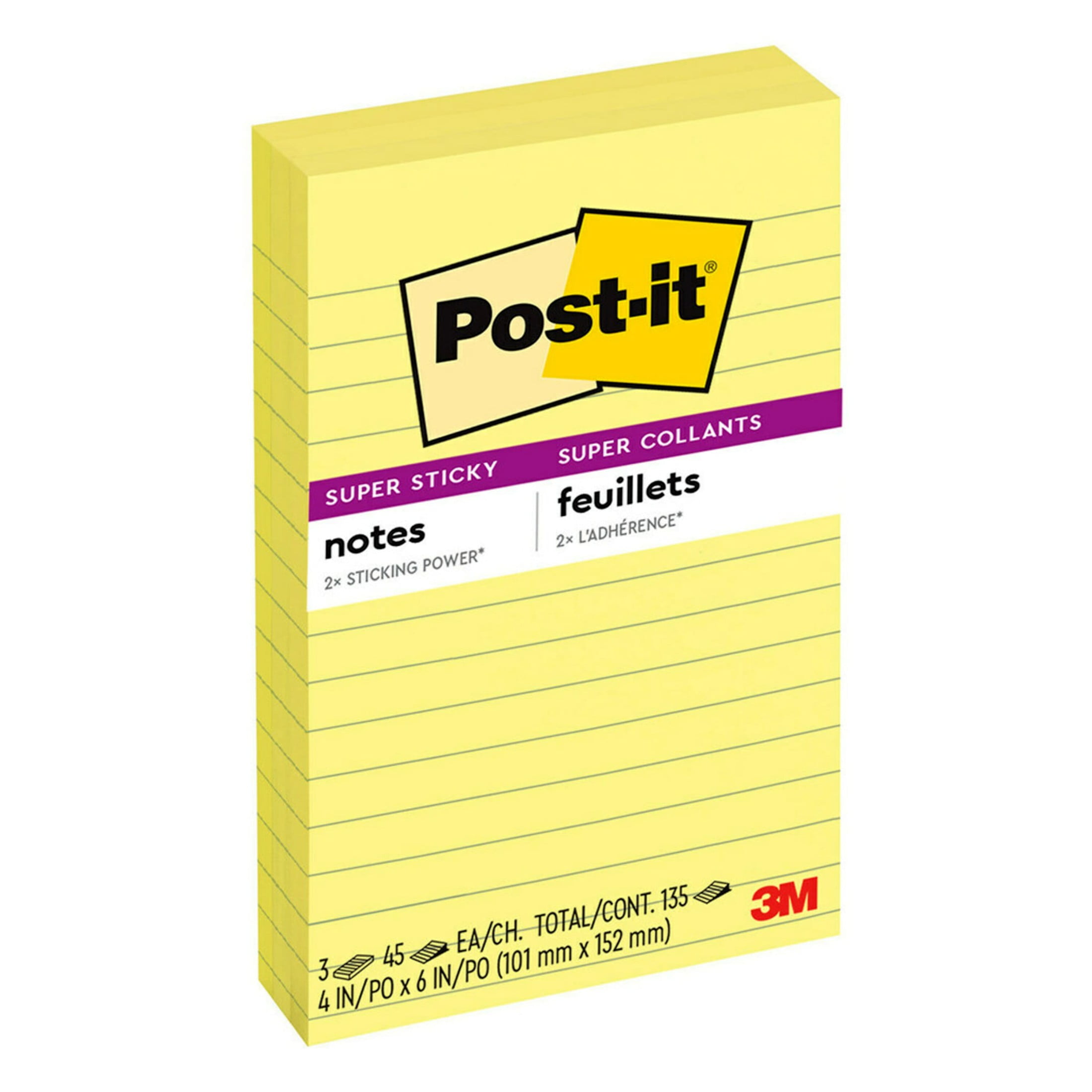 Post-it Super Sticky Lined Notes, 4" x 6", Canary Yellow, 3 Pack