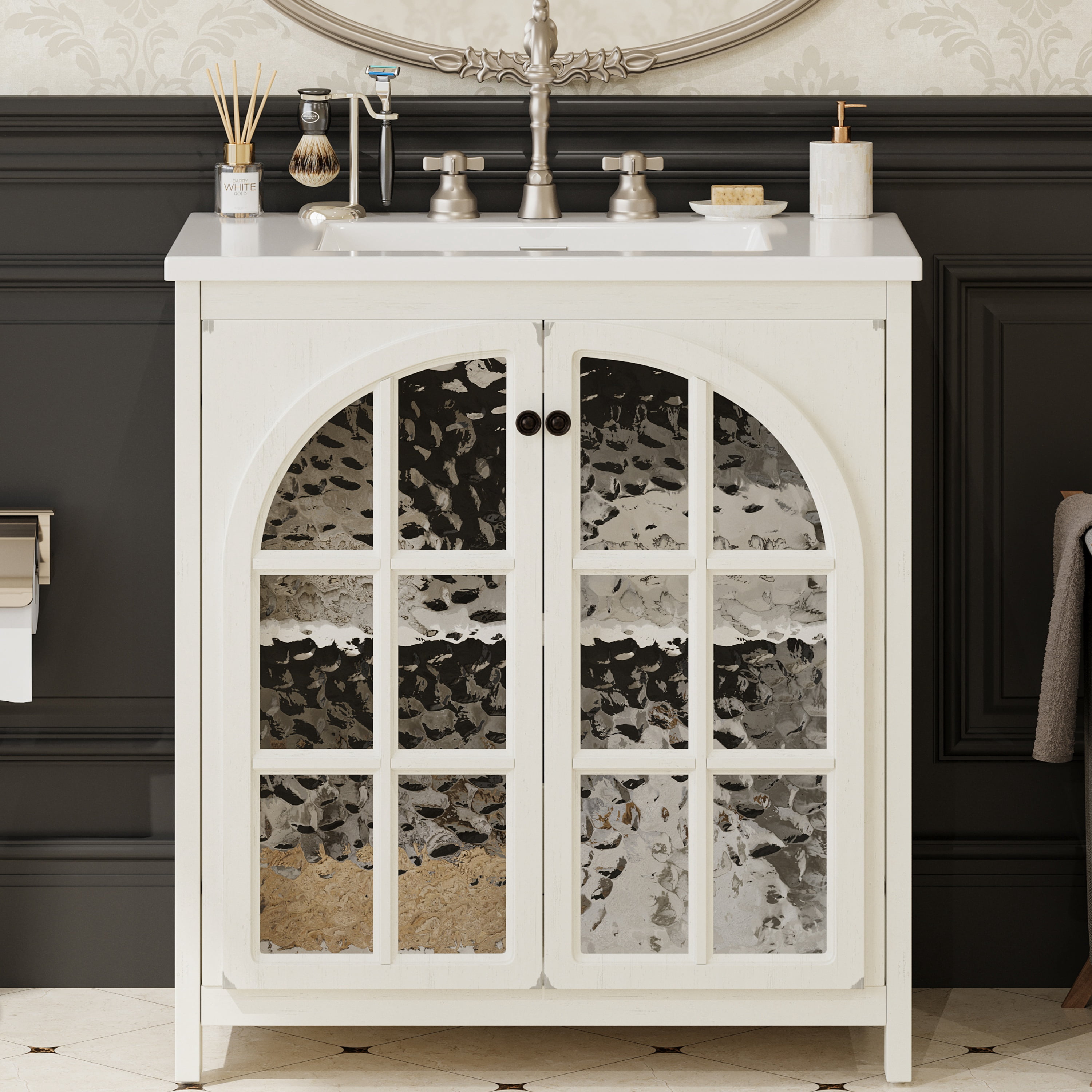 Euroco 31" Farmhouse Bathroom Vanity with Ceramic Sink, Vintage Rustic Bathroom Cabinet with Bronze Pulls and 2 Soft-Closing Doors, Antique White