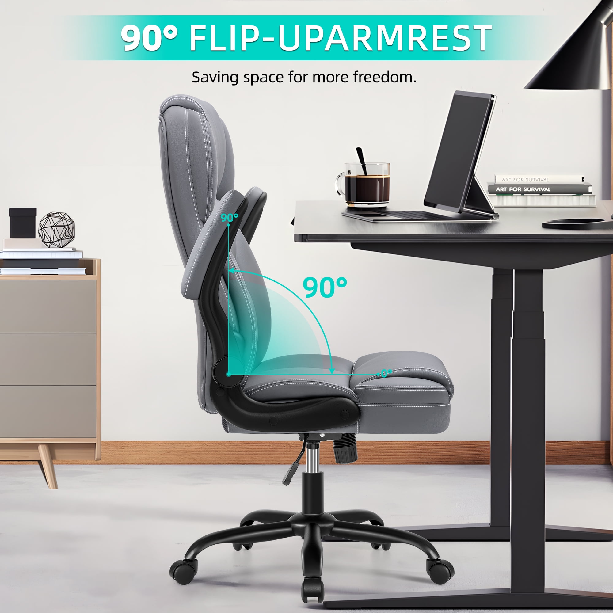 COOLHUT Bige and Tall Executive Office Chair 400lbs, Ergonomic PU Leather Computer Desk Chair with Flip-Up Armrests, Comfy Heavy Duty Office Chair for Home Office Gaming, Gray