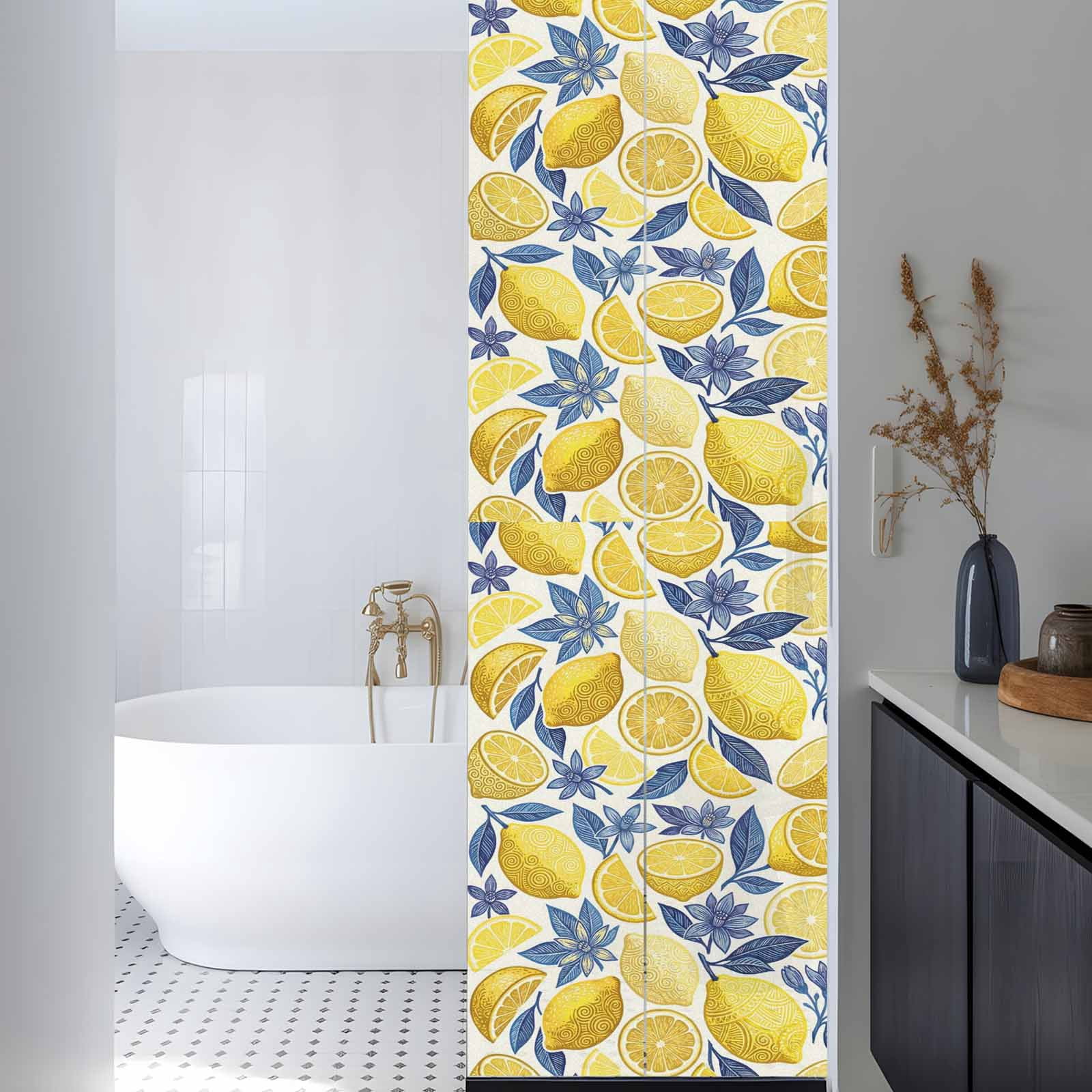 Summer Fruit Window Privacy Film, Watercolor Yellow Lemon Blue Flowers Rustic Frosted Glass Window Clings Static Cling UV Heat Blocking Reusable Door Sticker for Bathroom 29.5 x 118 Inch