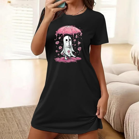 Sakmal Moo Moo Nightgown for Women Short Spooky Season Comfy Black Sleep Dress Short Sleeve Ghost Print Nightgowns for Women