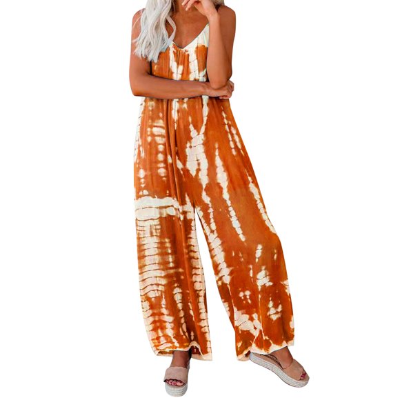 Outfmvch Jumpsuits for Women Wide Leg Pants for Women Tie Dye Jumpsuit Sleeveless Casual Summer Spaghetti Flowy Wide Leg Rompers Womens Pants Orange L