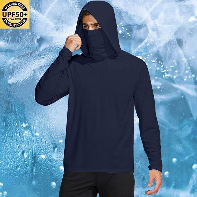 RXIRUCGD Men's Summer Sunscreen Is Lightweight Breathable And Solid Color Long Sleeve With A Mask Hooded Blouse, Navy, Size: L