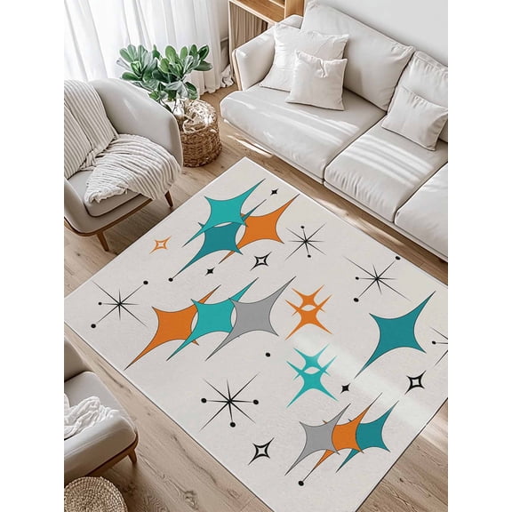 Mid Century Area Rug for Bedroom 4x6 Ft Boho Modern Geometric Teal Orange Star Super Soft fuzzy Throw Rug Non-Slip Fluffy Plush Indoor Floor Carpet for Living Room Nursery Home Decor