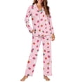 thumbnail image 2 of Garronmavis Pink Strawberry Women's Pajama Set Breathable Soft V-Neck Sleepwear Long Sleeve Button Up Top & Lounge Pants Cute Loungewear 2-Piece, 2 of 7