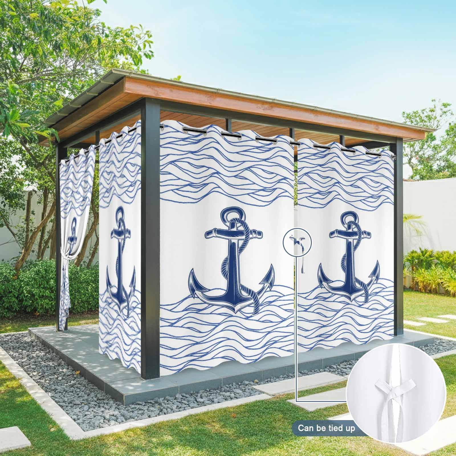 Blue White Anchor Outdoor Curtains for Patio, Nautical Navy Blue Ocean Waves Anchor Sunshade Privacy Drapes Grommet Waterproof Outside Curtains for Porch/Cabana/Balcony 54"x 95", 2 Panel