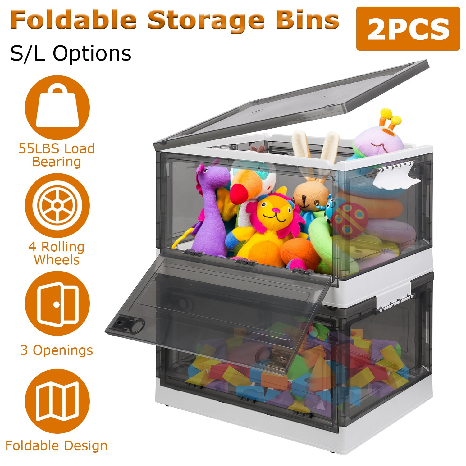 15Gallon Foldable Plastic Storage Bins with Lids & Wheels, TeqHome 2 Packs Large Collapsible Storage Box Organizer Toy Container, Stackable Closet Organizer for Clothes Toys Books